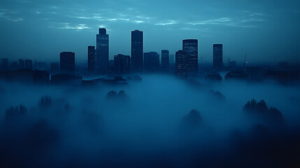 Poster - A serene urban skyline shrouded in mist, illuminated by soft blue hues, creating a mysterious and tranquil atmosphere