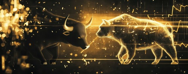 Poster - A sleek black and gold-themed image featuring a digital bull and bear against a stock market chart background, symbolizing market trends and trading