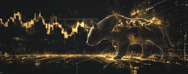 Poster - A sleek black and gold-themed image featuring a digital bull and bear against a stock market chart background, symbolizing market trends and trading