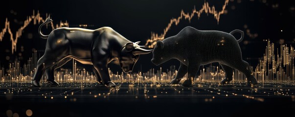 Poster - A sleek black and gold-themed image featuring a digital bull and bear against a stock market chart background, symbolizing market trends and trading