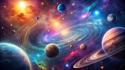 multicolor illustration of fantasy planet system in space, spiral form of galaxy