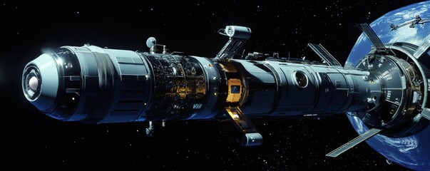 Wall Mural - a sleek spaceship docking at a futuristic space station.