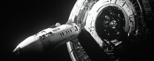 Wall Mural - a sleek spaceship docking at a futuristic space station.