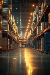 Wall Mural - Industrial Warehouse Interior with Stacked Shelves and Boxes Under Warm Lighting in a Modern Logistics and Distribution Center