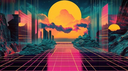 Poster - an abstract digital world with neon-lit grids and glowing geometric patterns in a vibrant, futuristi