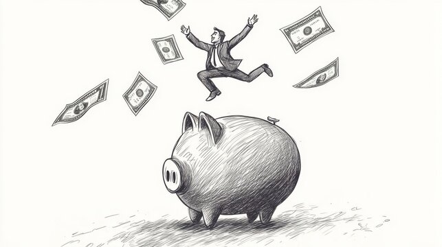 Continuous line artwork showing a businessman on a piggy bank, leaping to grab flying money during a financial crisis.