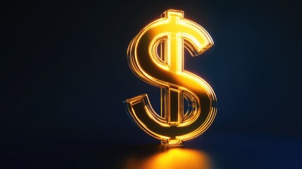 Poster - A luminous golden dollar sign, glowing with a reflective surface, set against a dark gradient background, symbolizing financial achievement.