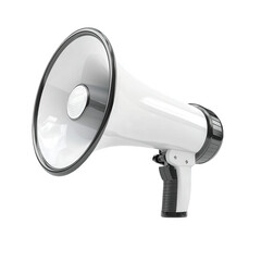 white megaphone with a black rim and handle. designed for amplifying sound it represents communication and public speaking. often used in rallies. events. or announcements to draw attention and convey