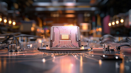 Poster - glowing microchip surrounded by intricate circuits and wires, symbolizing technology