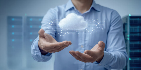 Poster - Cloud computing concept with hands holding digital cloud