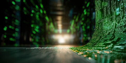 Poster - Dynamic green holographic grid background with glowing data patterns