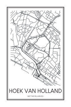 Printable downtown road map poster of the Dutch city of HOEK VAN HOLLAND on solid white background with city name