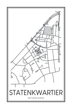 Printable downtown road map poster of the Dutch city of STATENKWARTIER on solid white background with city name