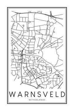 Printable downtown road map poster of the Dutch city of WARNSVELD on solid white background with city name