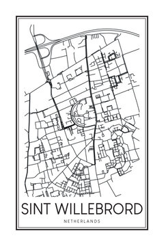 Printable downtown road map poster of the Dutch city of SINT WILLEBRORD on solid white background with city name