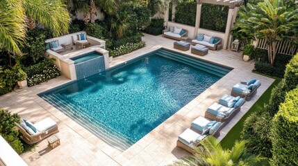 Top-down shot of a chic pool area with elegant, comfortable seating, vibrant greenery, and crystal-clear water