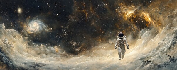 Wall Mural - a haunting image of a lone astronaut floating in the vast emptiness of space, dwarfed by the swirlin