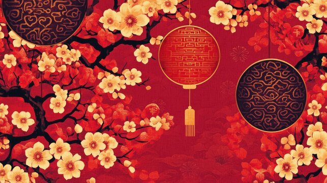 A stylish 2025 Chinese New Year card with a focus on cultural patterns, rich red tones, and festive energy.