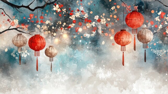 A stylish Chinese New Year 2025 card with watercolor illustrations of lanterns, blossoms, and cultural motifs.