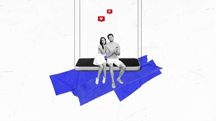 Poster - Creative sketch motion art collage of two happy girl guy sit phone screen blogging icon reaction like valentine day