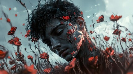 Poster - Surreal Portrait: Man Among Red Poppies