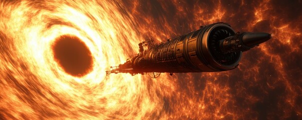 Wall Mural - a steampunk airship navigating a black hole, its engines powered by the immense gravitational pull.