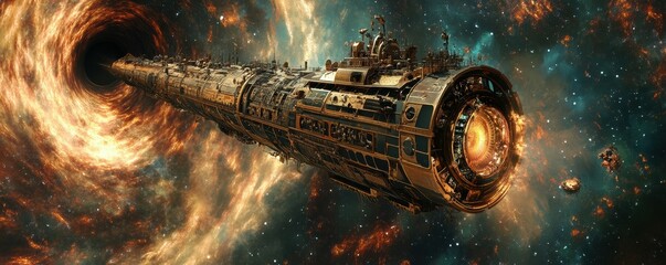 Wall Mural - a steampunk airship navigating a black hole, its engines powered by the immense gravitational pull.