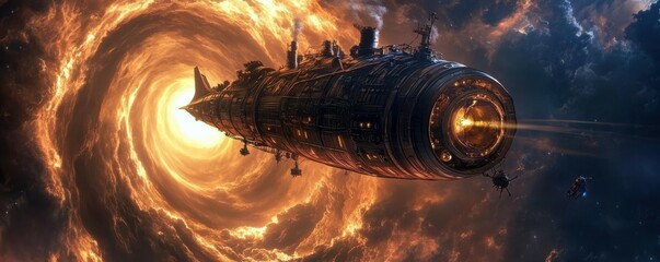 Wall Mural - a steampunk airship navigating a black hole, its engines powered by the immense gravitational pull.