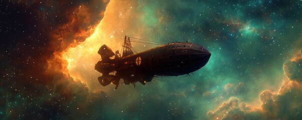 Wall Mural - a steampunk airship navigating a cosmic nebula, its silhouette casting an ethereal glow against the 