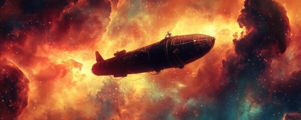 Wall Mural - a steampunk airship navigating a cosmic nebula, its silhouette casting an ethereal glow against the 