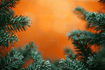 Poster - A close-up of a beautiful orange backdrop with dazzling trees and green fir branches on either side with plenty of writing area for backdrop or text use, Generative AI.
