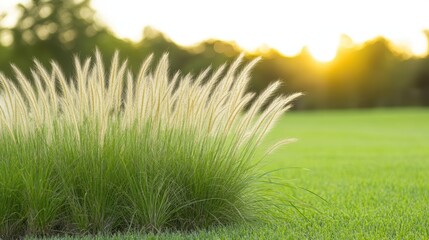 Wall Mural - Vibrant green grass plant flourishing in sundrenched field sunlit