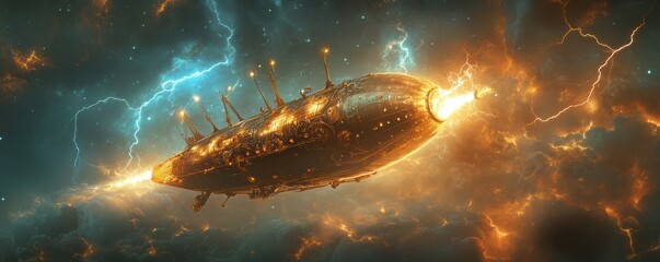 Wall Mural - a steampunk airship navigating a cosmic storm, its lightning rods attracting the electrical energy.