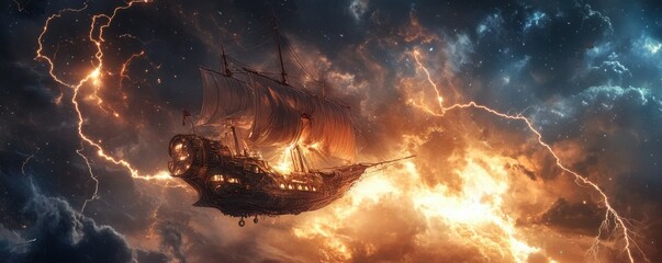 Wall Mural - a steampunk airship navigating a cosmic storm, its lightning rods attracting the electrical energy.