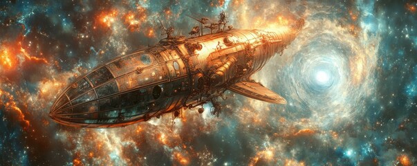 Wall Mural - a steampunk airship navigating a cosmic wormhole, its journey taking it through the fabric of spacet
