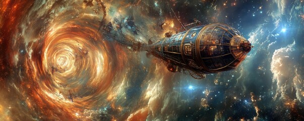 Wall Mural - a steampunk airship navigating a cosmic wormhole, its journey taking it through the fabric of spacet