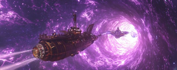 Wall Mural - a steampunk airship navigating a cosmic wormhole, its journey taking it through the fabric of spacet
