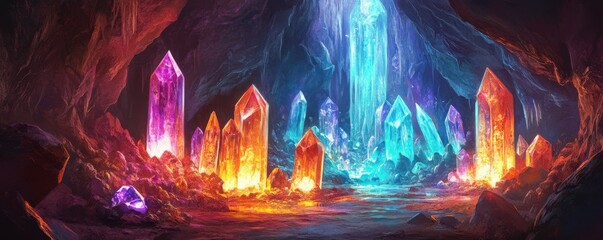 Wall Mural - a hidden cavern filled with sparkling crystals and shimmering gemstones, their colors reflecting the