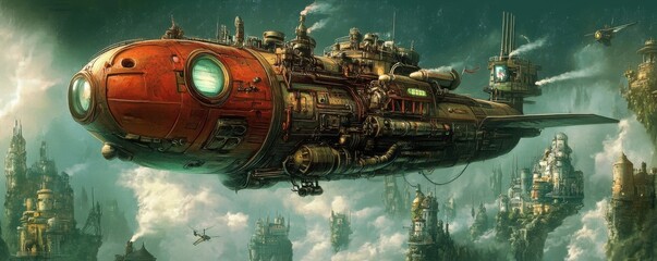 Wall Mural - a steampunk submarine discovering an underwater alien city hidden in the depths of the ocean.
