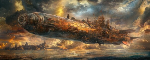 Wall Mural - a steampunk submarine discovering an underwater alien city hidden in the depths of the ocean.