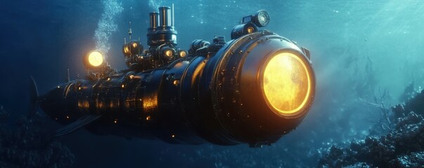 Wall Mural - a steampunk submarine discovering an underwater alien civilization that has mastered underwater comm