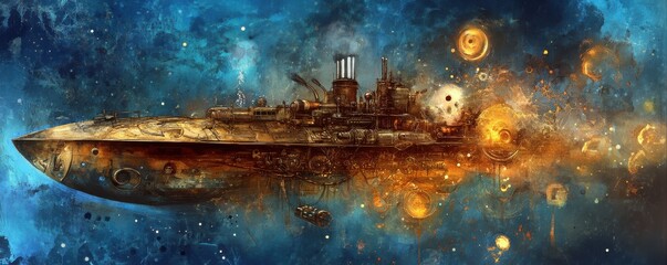 Wall Mural - a steampunk submarine discovering an underwater alien civilization that has mastered underwater comm