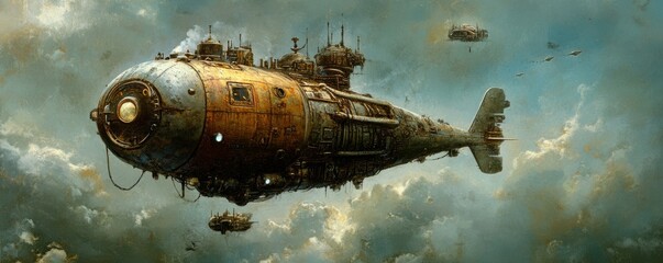Wall Mural - a steampunk submarine discovering an underwater alien civilization that has mastered underwater comm