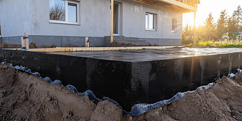 Poster - Foundation installation for a new home at sunset