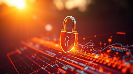 Wall Mural - Glowing golden padlock, digital circuit board, cybersecurity concept, orange sunset background, lens flare, macro photography, data protection, encryption, technological landscape, futuristic, 3D