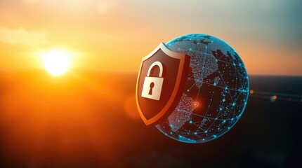 Wall Mural - cybersecurity globe, digital protection shield, glowing padlock icon, network connections, sunset background, orange and blue color scheme, futuristic technology concept, data privacy, global internet