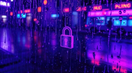Sticker - cyberpunk city street, neon lights, purple hue, rainy night, reflective puddles, holographic padlock