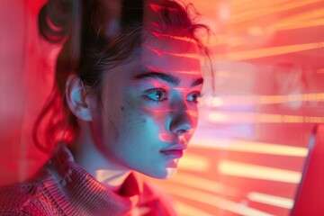 Poster - Young woman programmer concentrating on her work on a computer in a neon lit office, working late at night