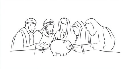 Wall Mural - minimalist continuous line art of a group of arab professionals sharing responsibility over a piggy 