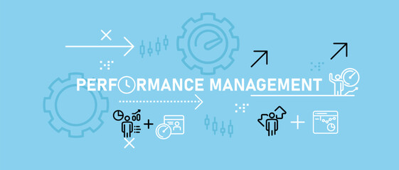 Poster - Performance Management concept showcasing data analysis work planning job strategy improvement system monitoring and optimization design icon outline set for workflow development and strategic growth